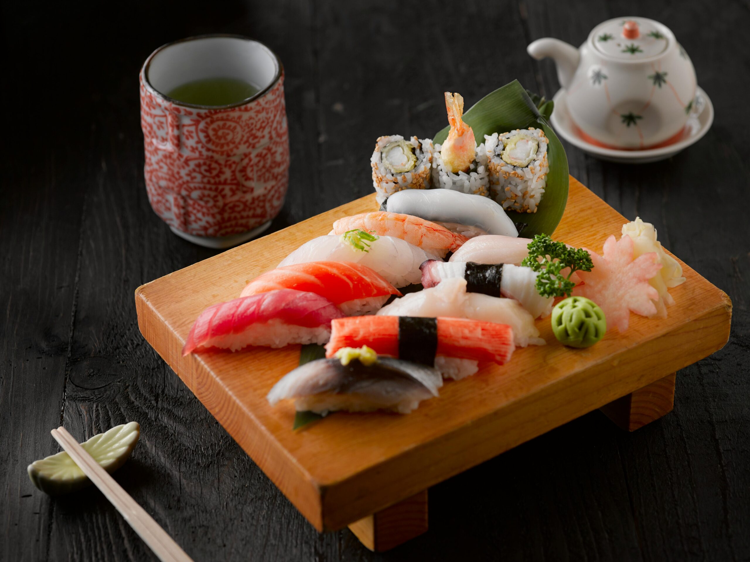 Sushi platter with salmon and rolls
